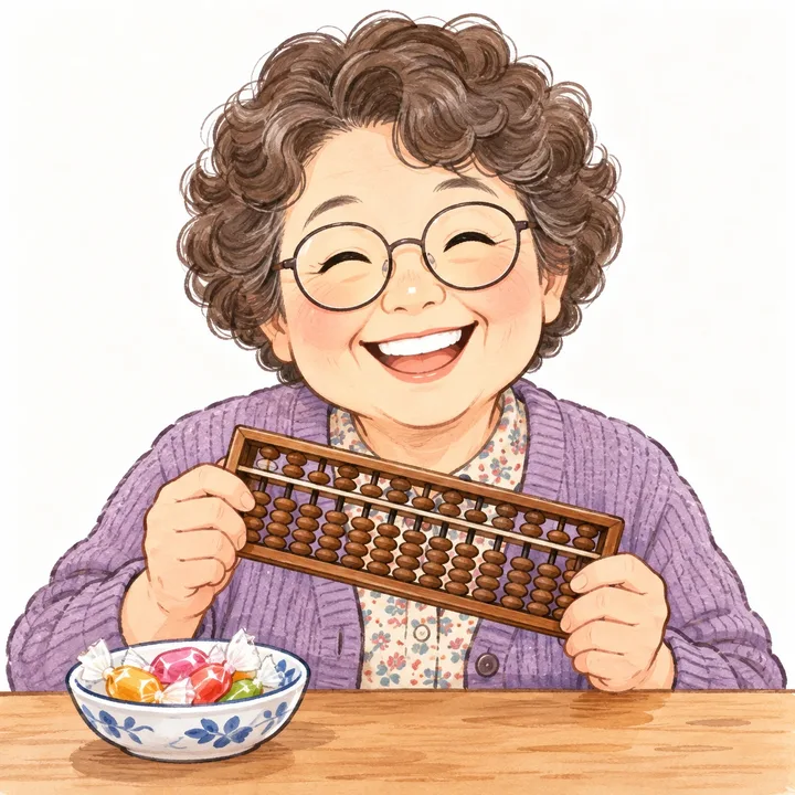 そろばんを持って笑う、たまえおばちゃんのイラスト